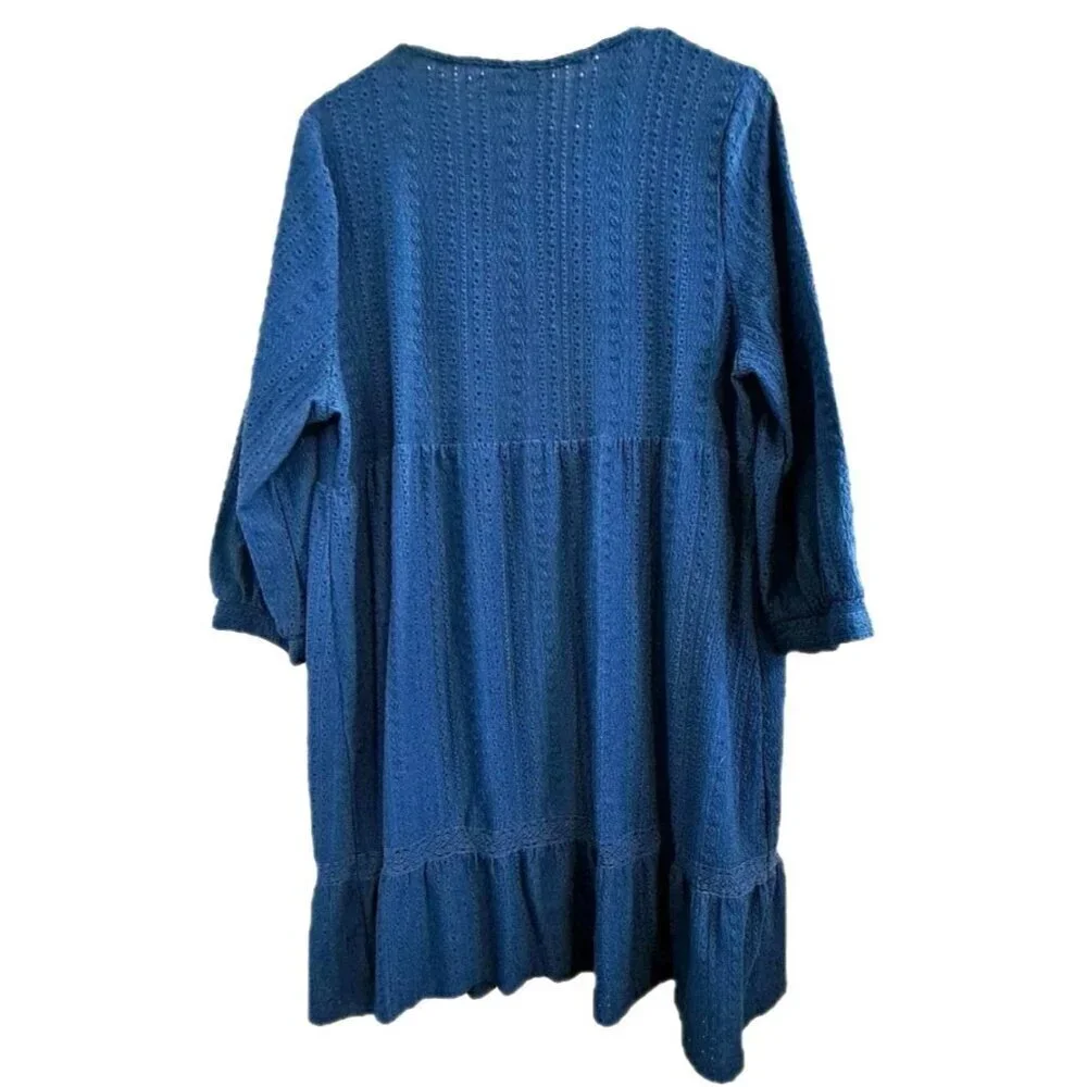 Frye & Co. XL Teal 3/4 Sleeve Lace Up Eyelet Dress Western Country Peasant